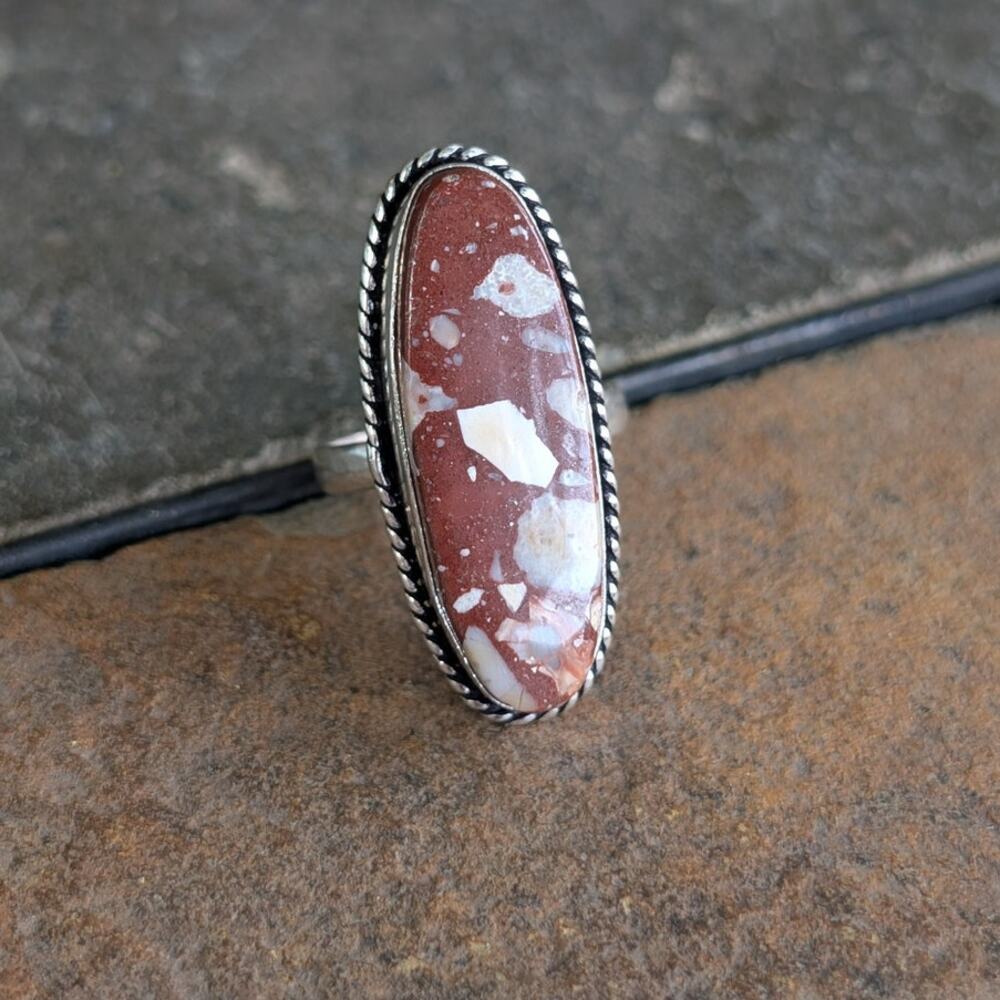 Vintage Boho Silver Statement Ring Red Sz 8.5 Oval Ring Groovy Southwest Rusty